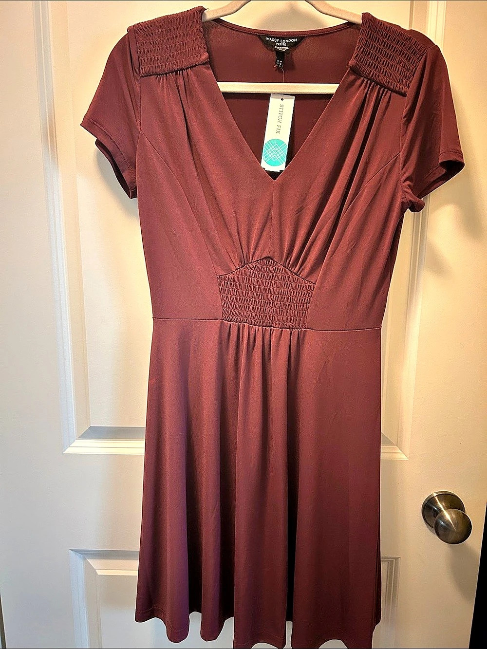 Maggy London Petite Burgundy Smocked Waist V-Neck Midi Dress NWT